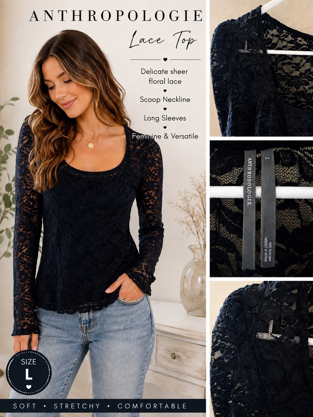 Anthropologie Sheer Black Floral Lace Scoop Neck Long Sleeve Top